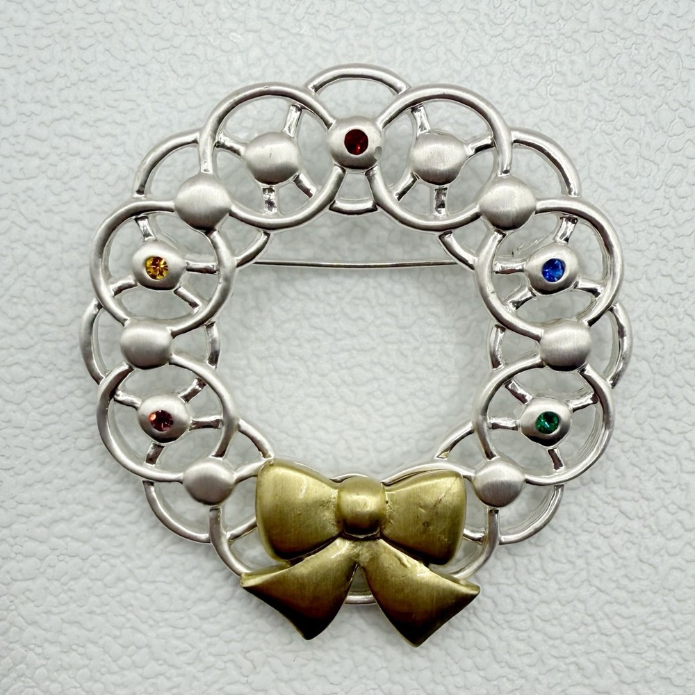 Silver and Gold Wreath Brooch with Gem Accents